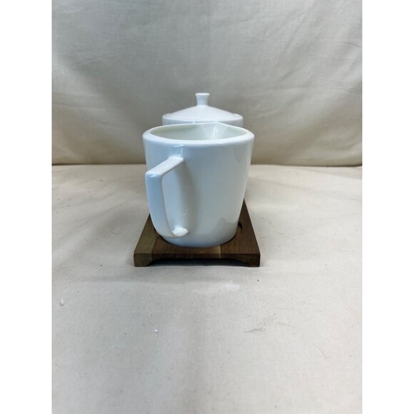 Ciroa Simplus White Creamer Sugar Bowl with Lid Wood Wooden Tray - Picture 2 of 9